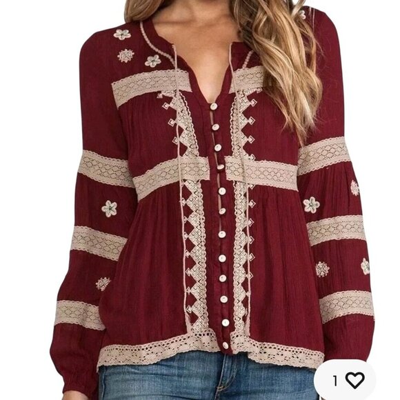 Free People Iris Cranberry Cream Crochet Wood Bead Detail Bohemian Top Size M - Picture 8 of 13